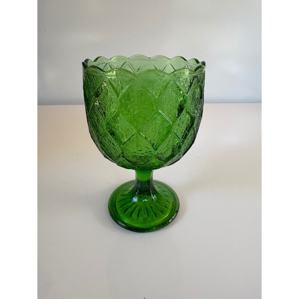 Vintage Emerald Green Glass Goblet Scalloped Diamond Quilted Compote Dish 6"
